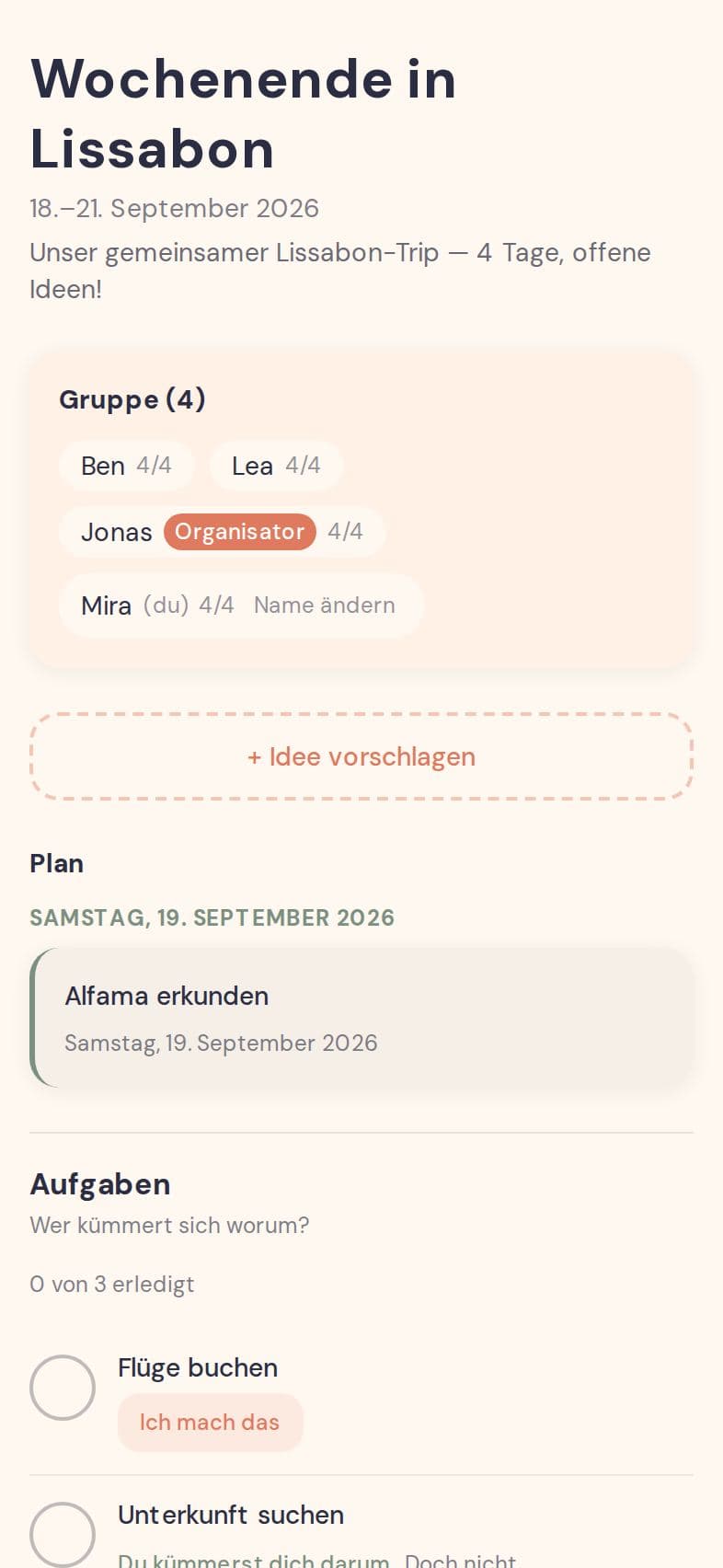 Mobilansicht: Trip-Übersicht mit Titel „Wochenende in Lissabon“, Datum, Gruppe (4 Mitglieder), Plan und Aufgaben