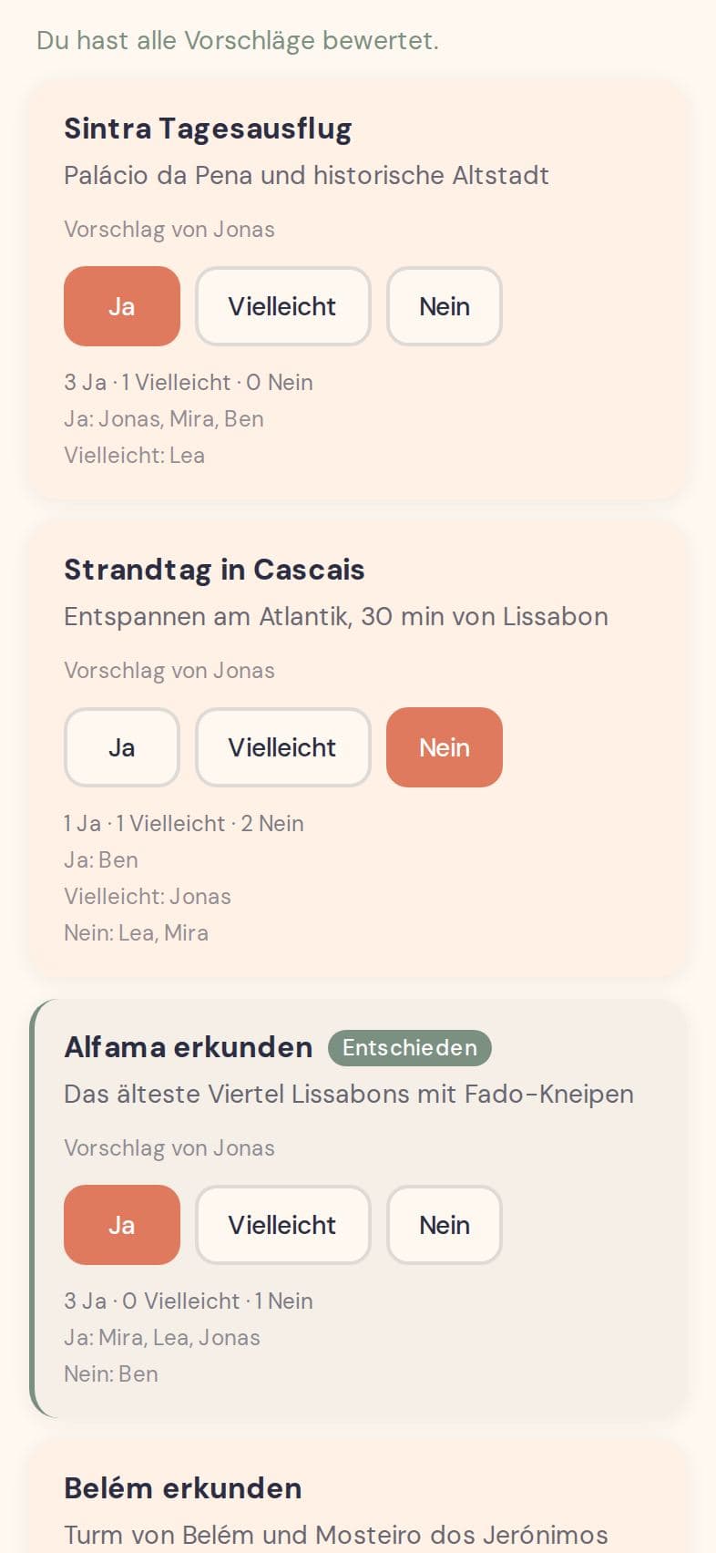 Mobilansicht: Vorschlagstafel mit Ideen und Abstimmungsergebnissen pro Person